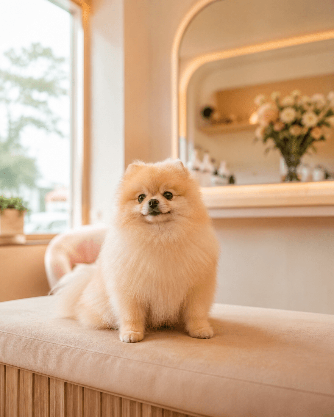 รูปน้องหมารอคิวอย่างสบายใจในร้านกรูมมิ่งโทนอบอุ่น
