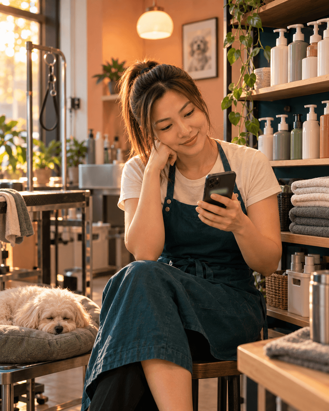 The salon owner takes a break and reads a notification on her phone, a dog asleep beside her