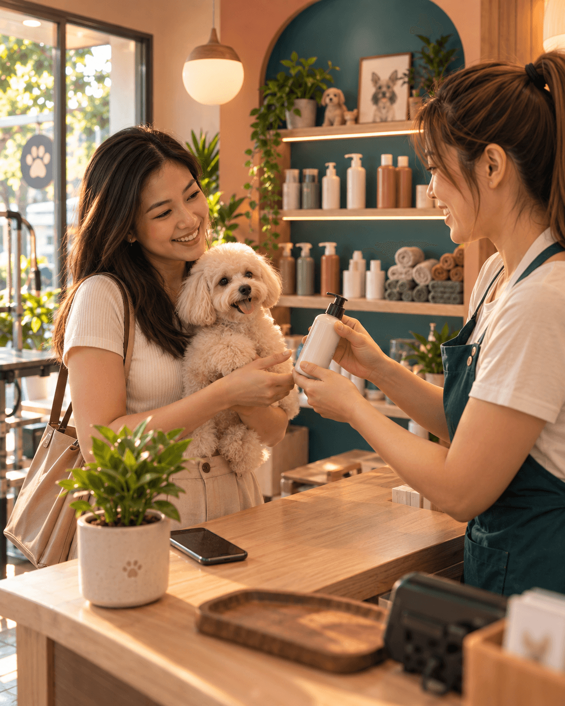 A customer picks up her dog at the counter while the groomer hands her a bottle of shampoo