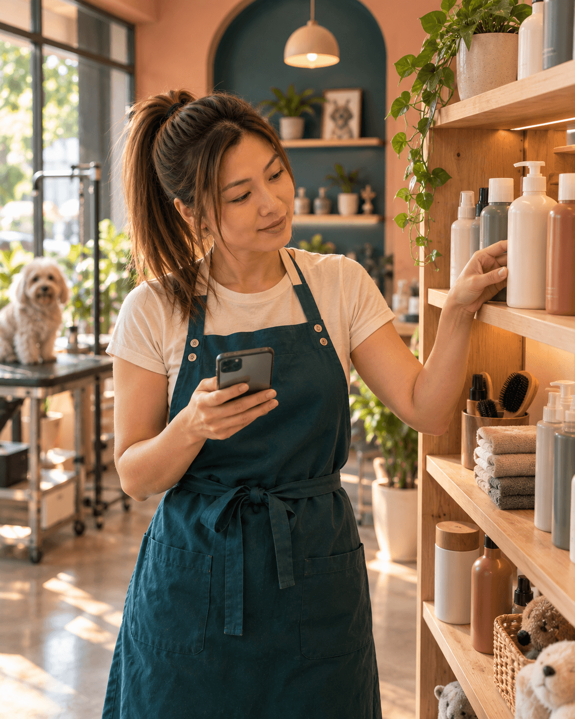 The salon owner checks the product shelf with her phone in hand