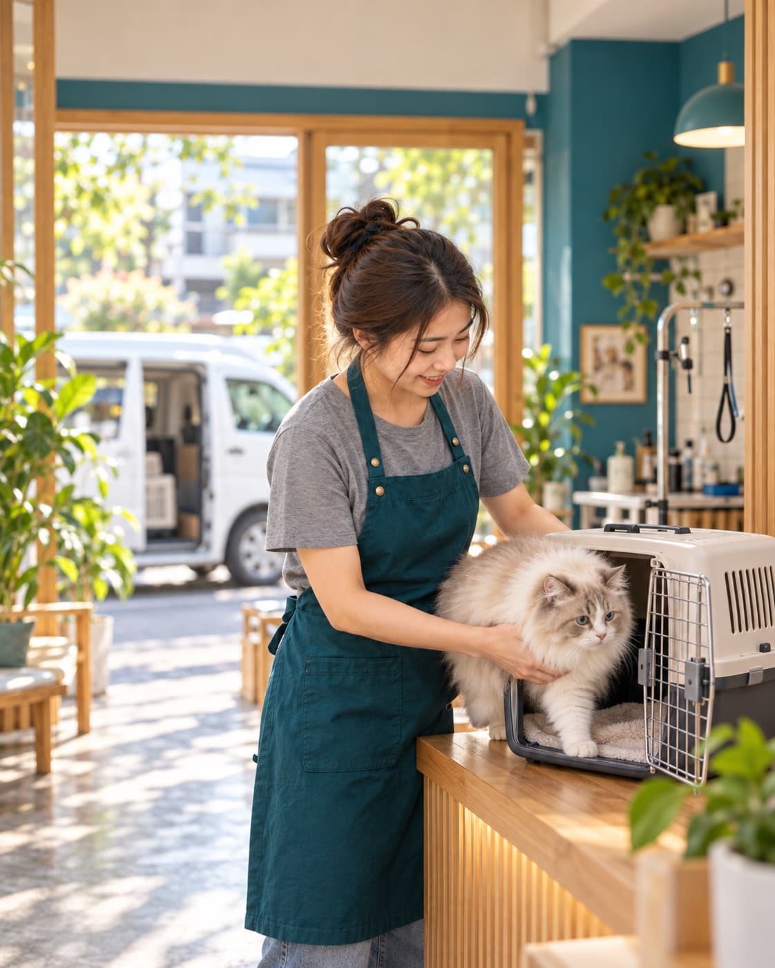 A salon team member lifting a cat out of its carrier on arrival at the salon