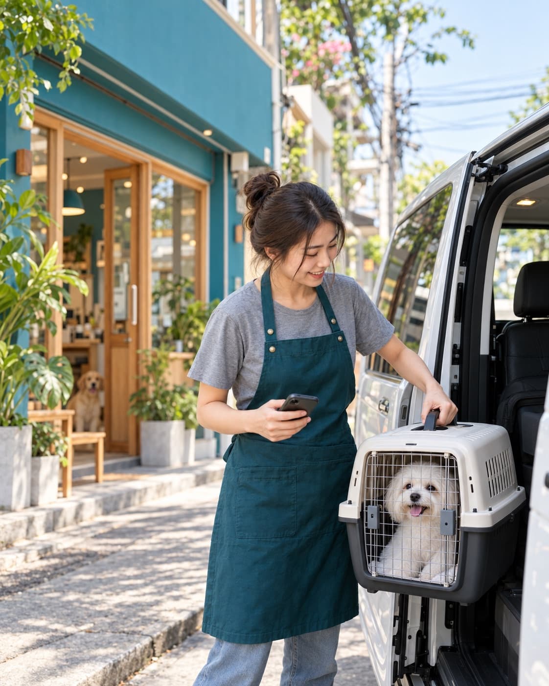 A salon team member loading a pet carrier into the salon van