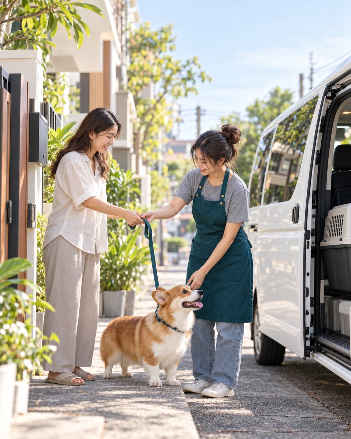 A salon team member collecting a corgi from its owner at the front gate, next to the salon van